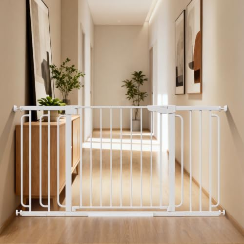 Cumbor 36.6-59″ Extra Wide Baby Gate for Stairs, Auto Close Dog Gate White